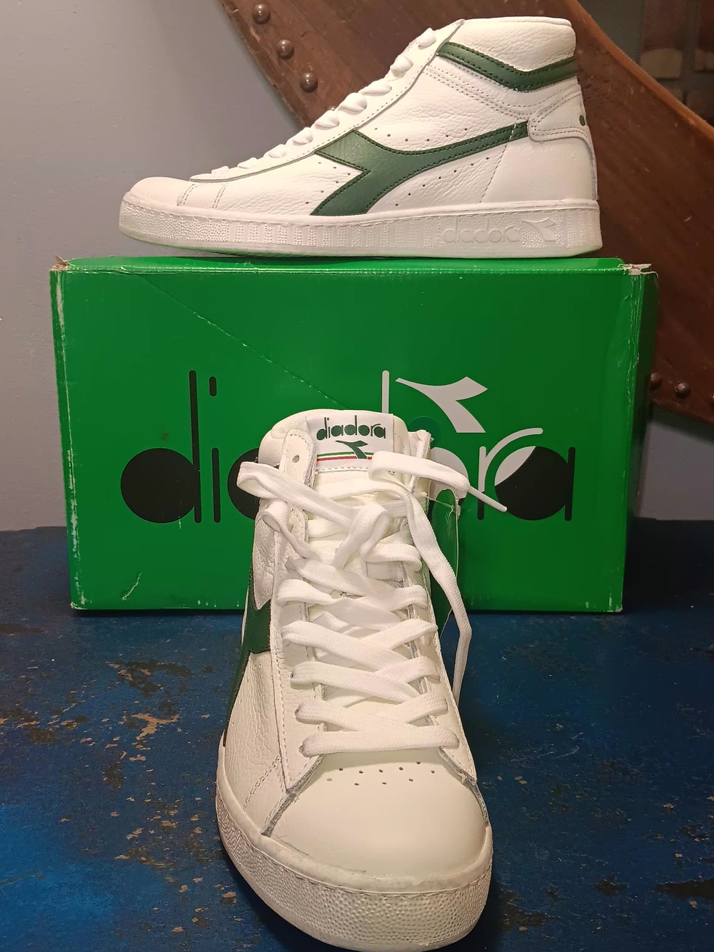 Diadora White Leather High-Top Sneakers with Green Accents - Picture 2 of 6